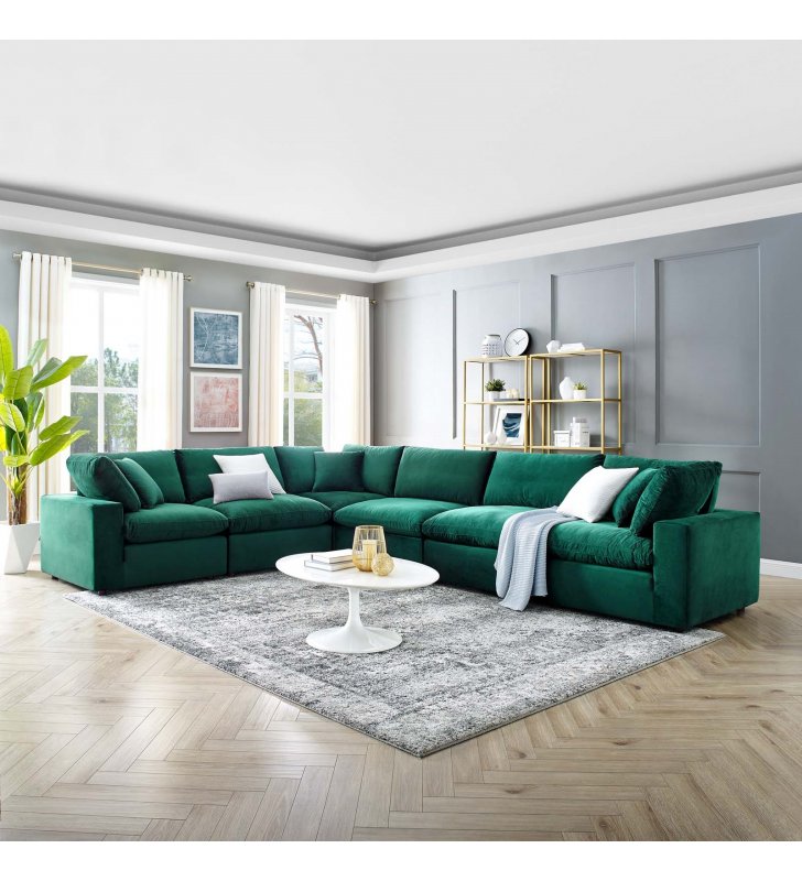 Commix Down Filled Overstuffed Performance Velvet 6-Piece Sectional Sofa in Green - Lexmod
