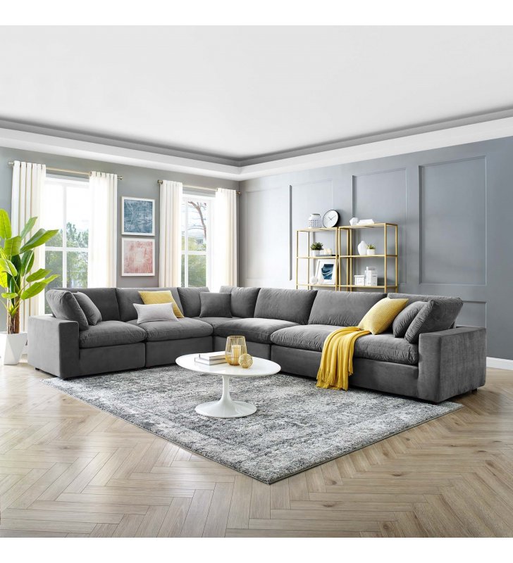 Commix Down Filled Overstuffed Performance Velvet 6-Piece Sectional Sofa in Gray - Lexmod