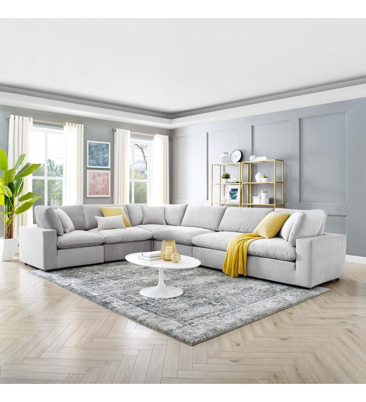 Commix Down Filled Overstuffed Performance Velvet 6-Piece Sectional Sofa in Light Gray - Lexmod