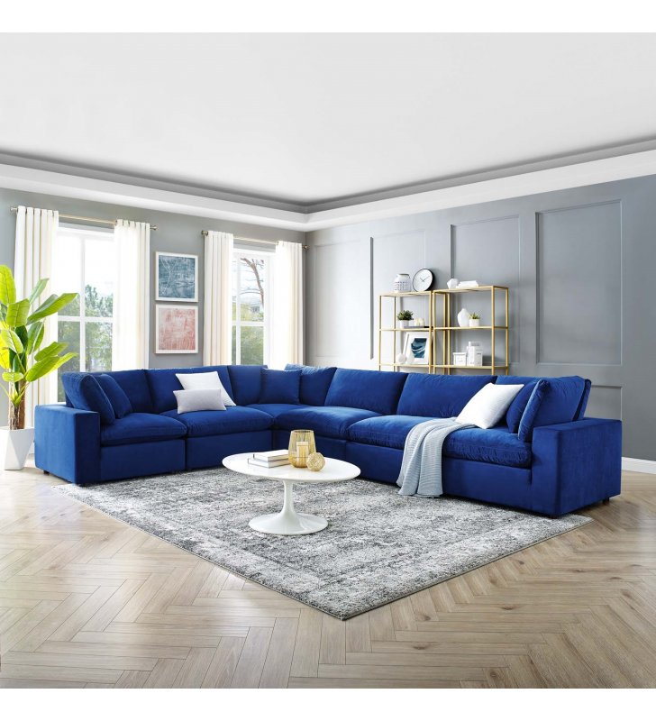 Commix Down Filled Overstuffed Performance Velvet 6-Piece Sectional Sofa in Navy - Lexmod