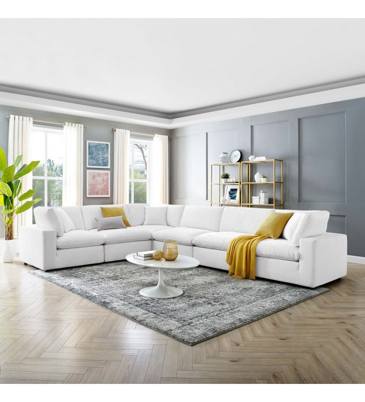 Commix Down Filled Overstuffed Performance Velvet 6-Piece Sectional Sofa in White - Lexmod