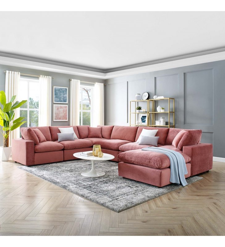 Commix Down Filled Overstuffed Performance Velvet 7-Piece Sectional Sofa in Dusty Rose - Lexmod
