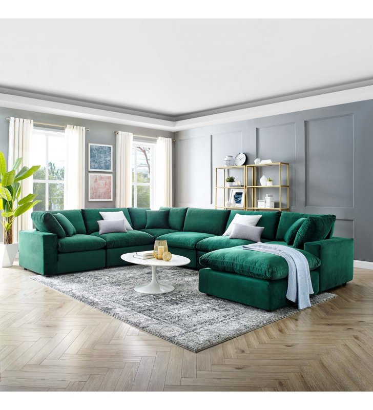 Commix Down Filled Overstuffed Performance Velvet 7-Piece Sectional Sofa in Green - Lexmod
