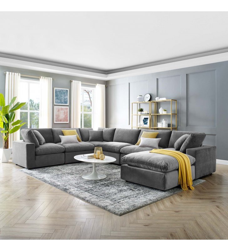 Commix Down Filled Overstuffed Performance Velvet 7-Piece Sectional Sofa in Gray - Lexmod
