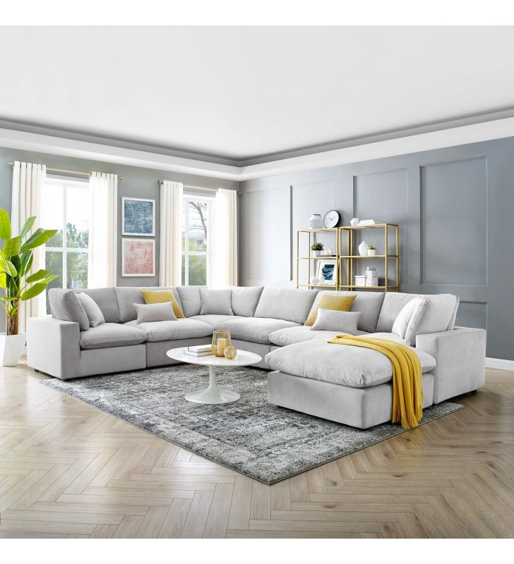 Commix Down Filled Overstuffed Performance Velvet 7-Piece Sectional Sofa in Light Gray - Lexmod