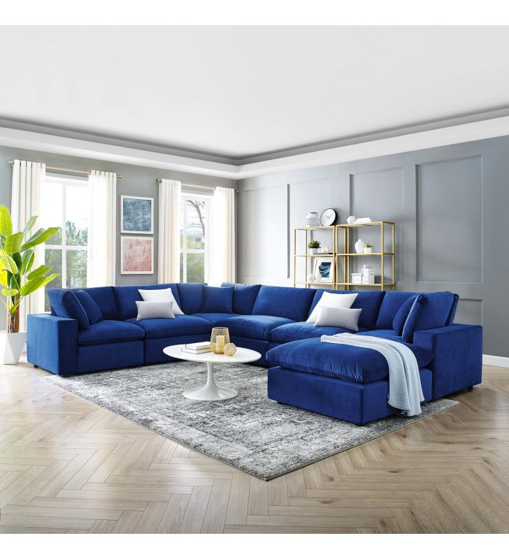 Commix Down Filled Overstuffed Performance Velvet 7-Piece Sectional Sofa in Navy - Lexmod