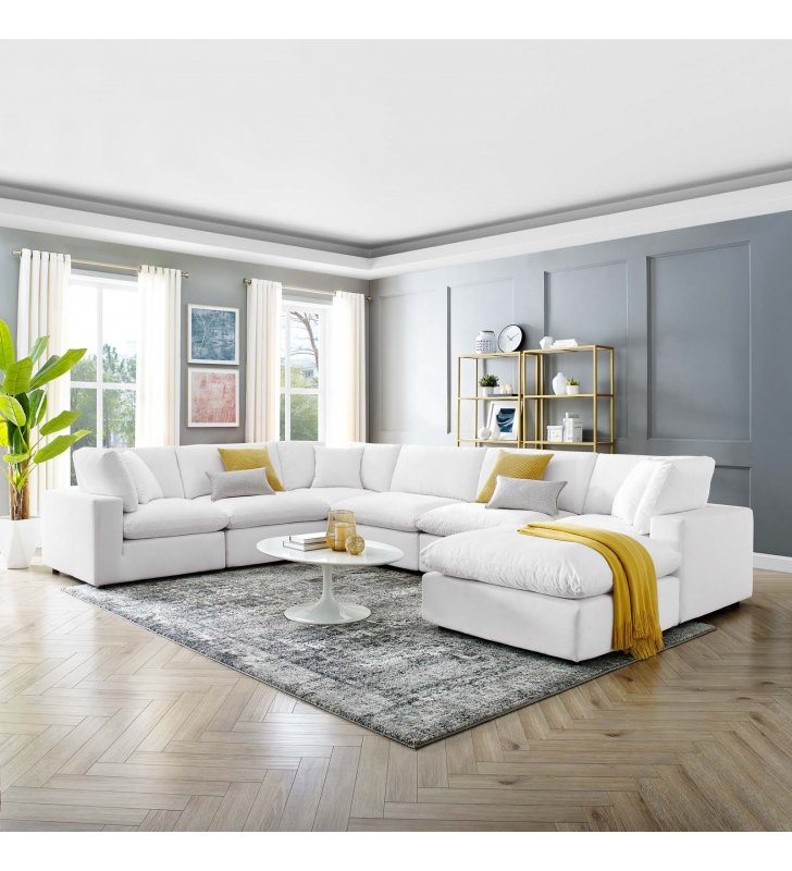 Commix Down Filled Overstuffed Performance Velvet 7-Piece Sectional Sofa in White - Lexmod