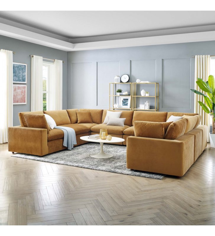 Commix Down Filled Overstuffed Performance Velvet 	8-Piece Sectional Sofa in Cognac - Lexmod