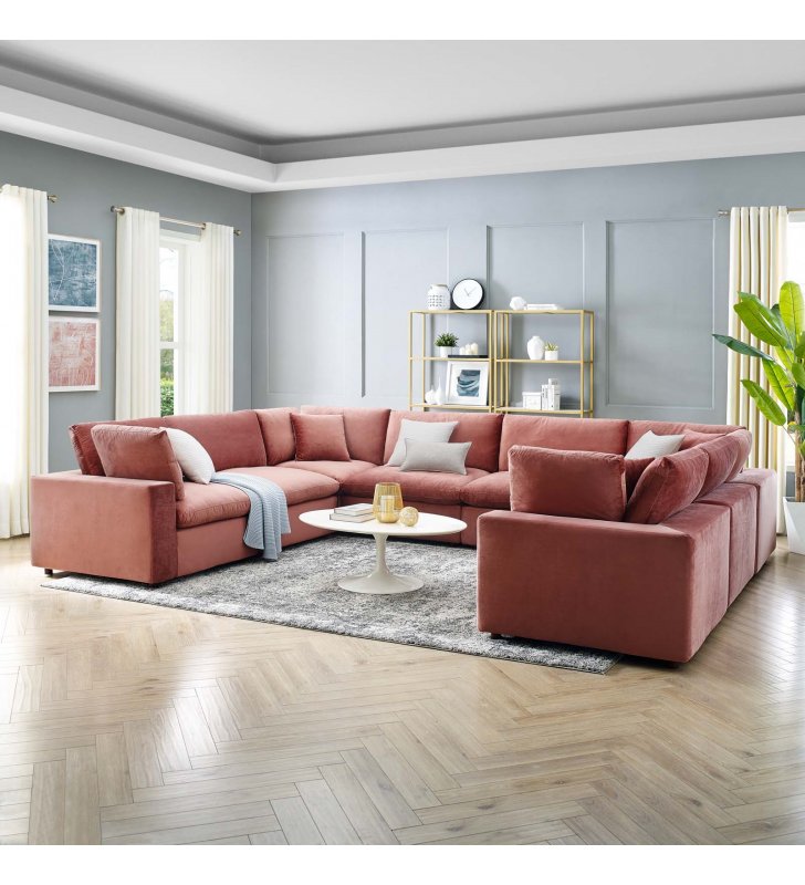 Commix Down Filled Overstuffed Performance Velvet 	8-Piece Sectional Sofa in Dusty Rose - Lexmod