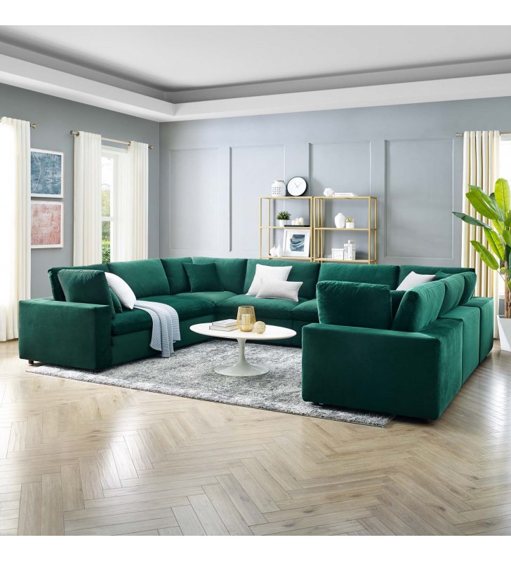 Commix Down Filled Overstuffed Performance Velvet 	8-Piece Sectional Sofa in Green - Lexmod