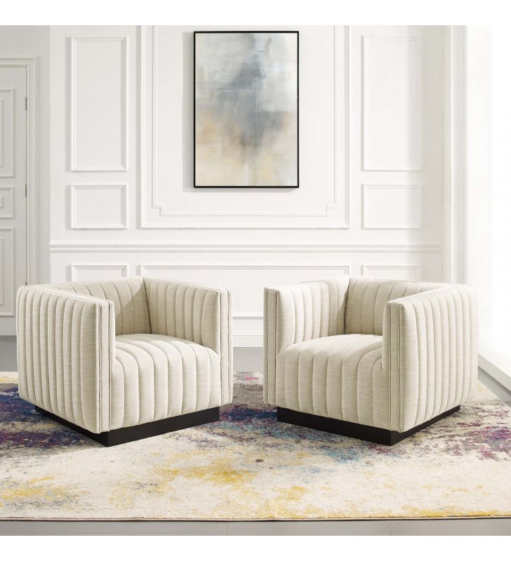 Conjure Tufted Armchair Upholstered Fabric Set of 2 in Beige - Lexmod