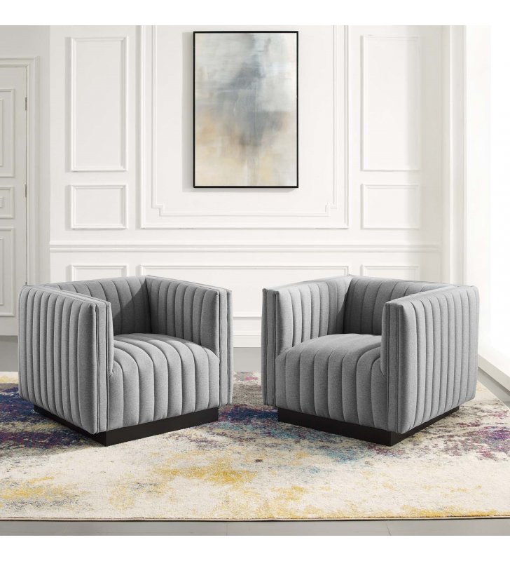 Conjure Tufted Armchair Upholstered Fabric Set of 2 in Light Gray - Lexmod