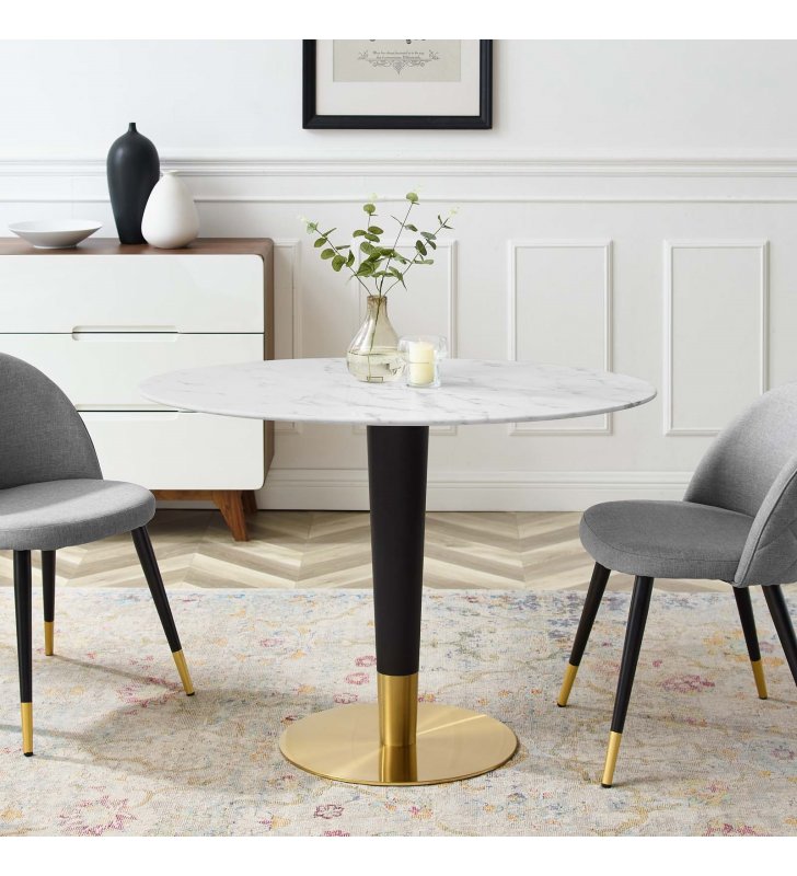 Zinque 42" Oval Artificial Marble Dining Table in Gold White - Lexmod