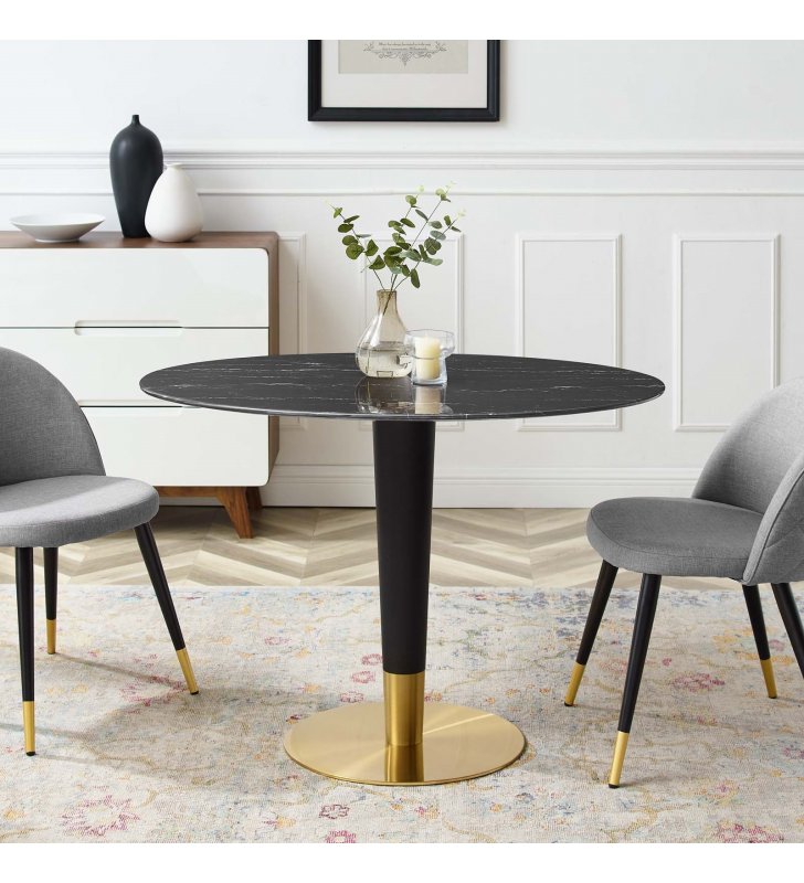 Zinque 42" Oval Artificial Marble Dining Table in Gold Black - Lexmod