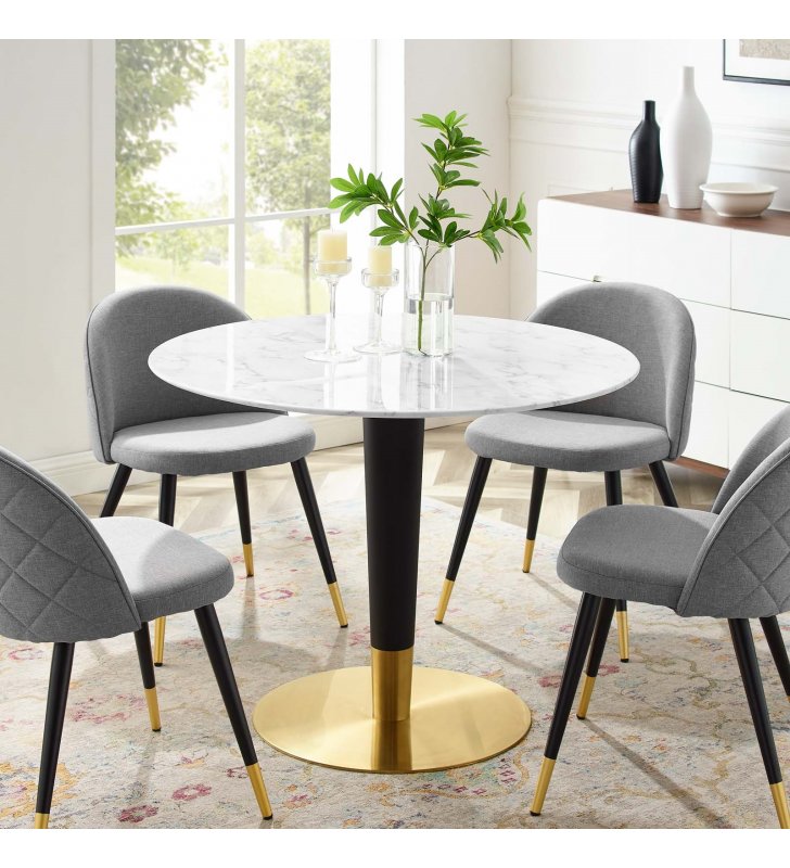 Zinque 40" Artificial Marble Dining Table in Gold White - Lexmod