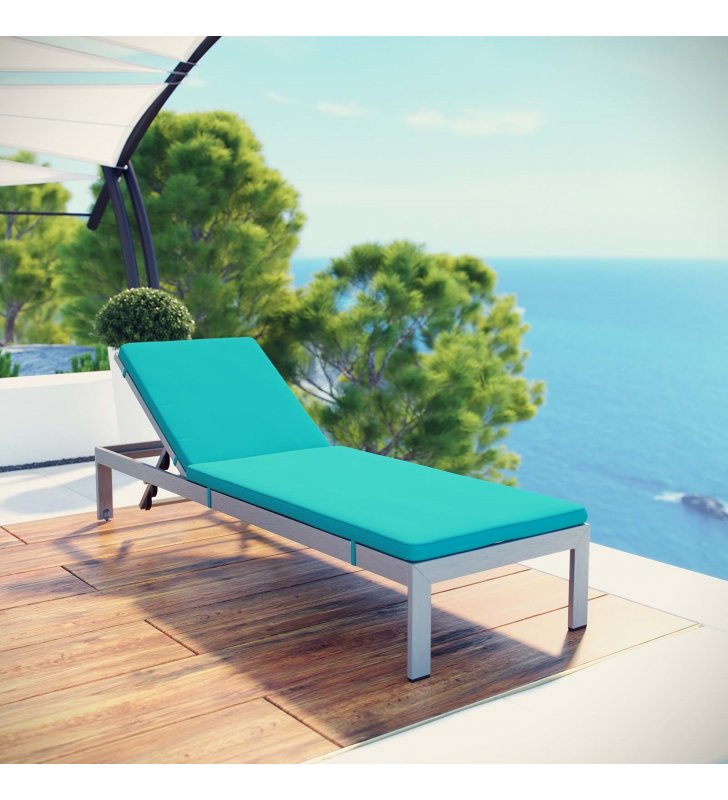 Shore Outdoor Patio Aluminum Chaise with Cushions in Silver Turquoise - Lexmod