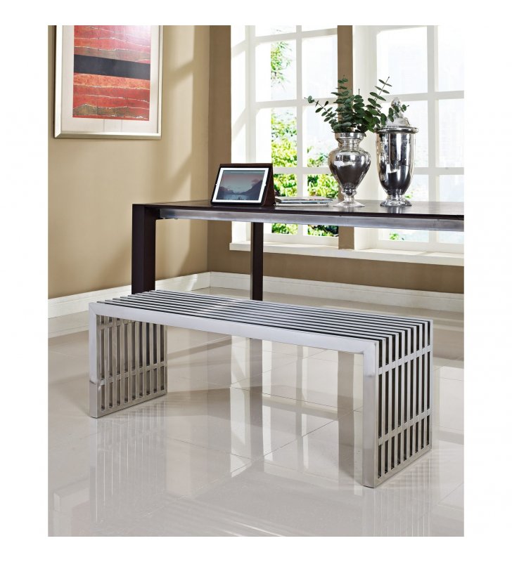 Gridiron Large Stainless Steel Bench in Silver - Lexmod