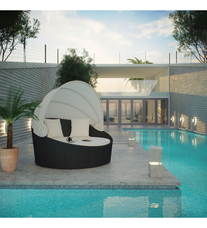 Siesta Canopy Outdoor Patio Daybed in Espresso White - Lexmod