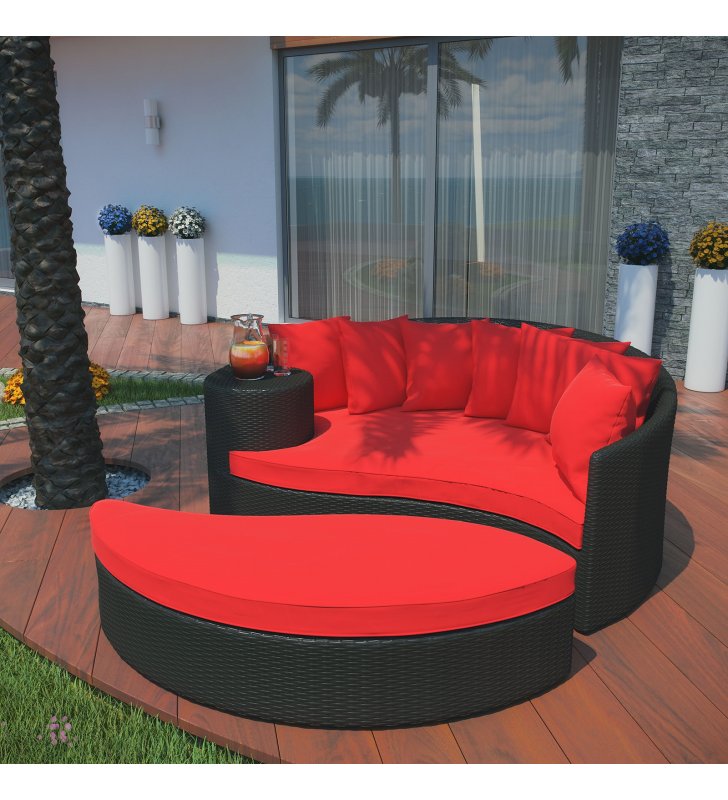 Taiji Outdoor Patio Wicker Daybed in Espresso Red - Lexmod