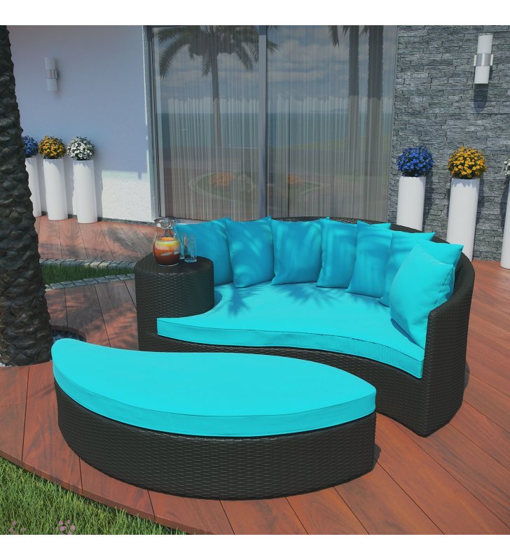 Taiji Outdoor Patio Wicker Daybed in Espresso Turquoise - Lexmod