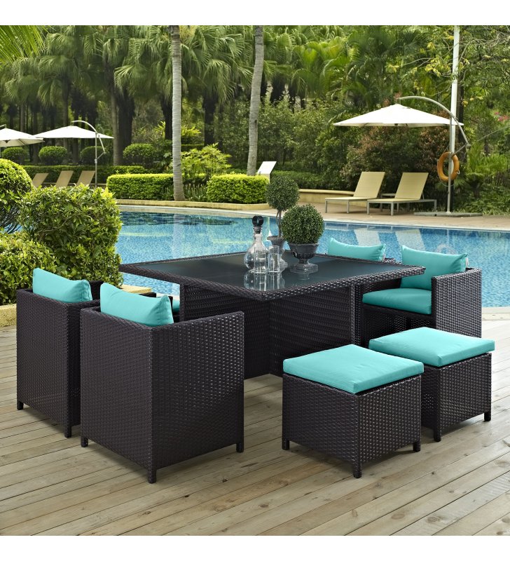 Inverse 9 Piece Outdoor Patio Dining Set in Espresso Turquoise - Lexmod