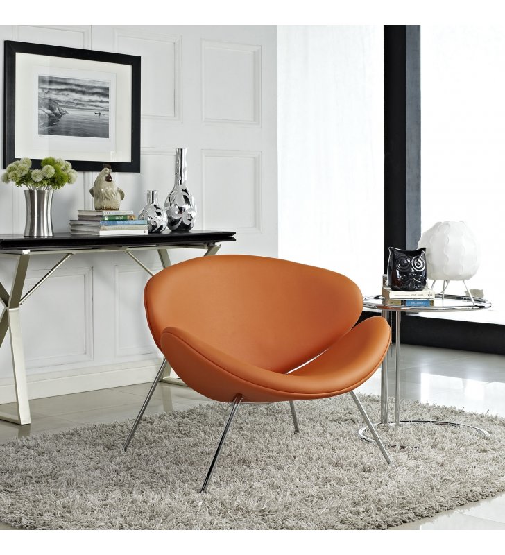 Nutshell Upholstered Vinyl Lounge Chair in Orange - Lexmod