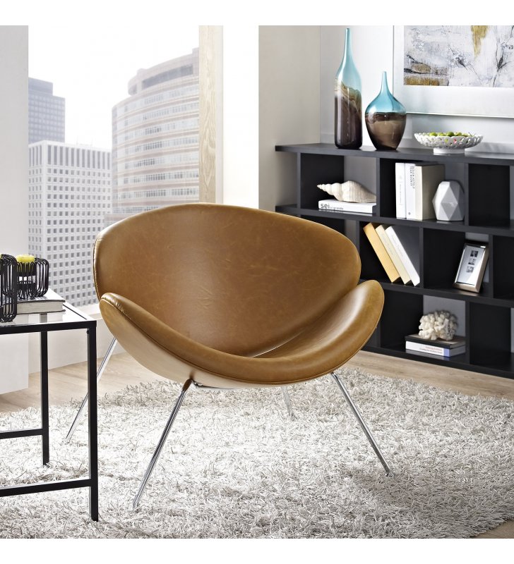 Nutshell Upholstered Vinyl Lounge Chair in Tan - Lexmod