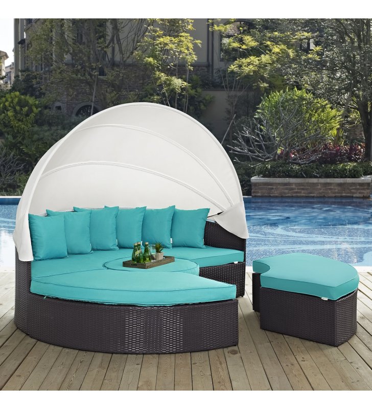 Quest Canopy Outdoor Patio Daybed in Espresso Turquoise - Lexmod