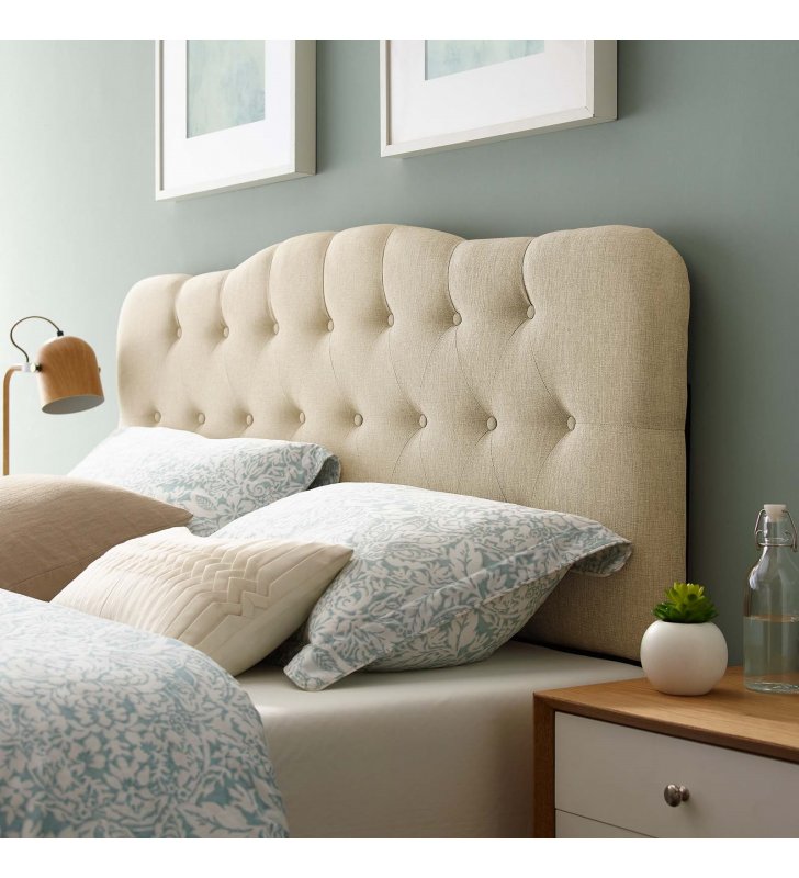 Annabel Queen Upholstered Fabric Headboard in Beige - Lexmod