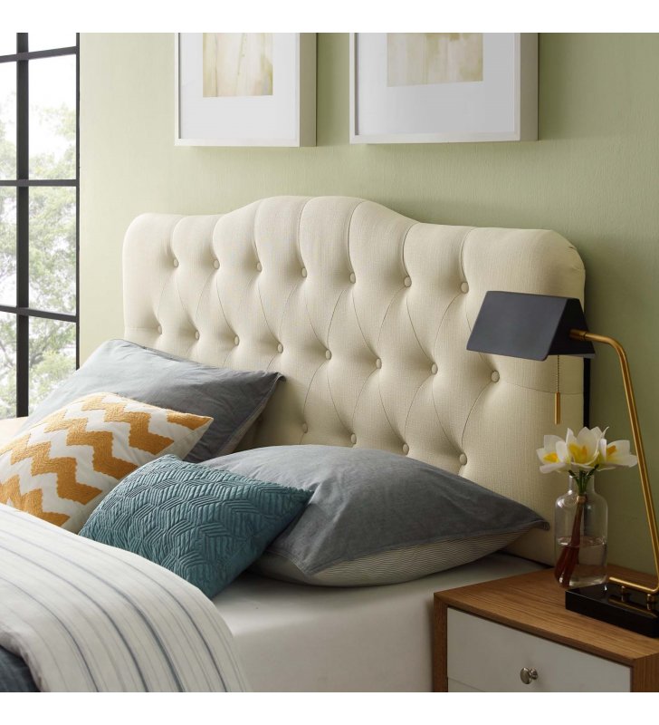 Annabel Queen Upholstered Fabric Headboard in Ivory - Lexmod