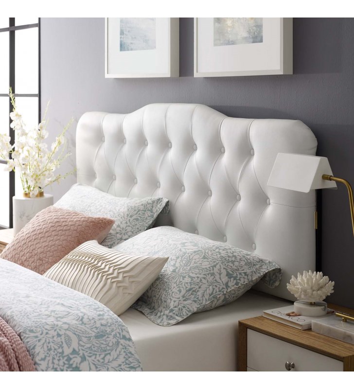 Annabel Queen Upholstered Vinyl Headboard in White - Lexmod
