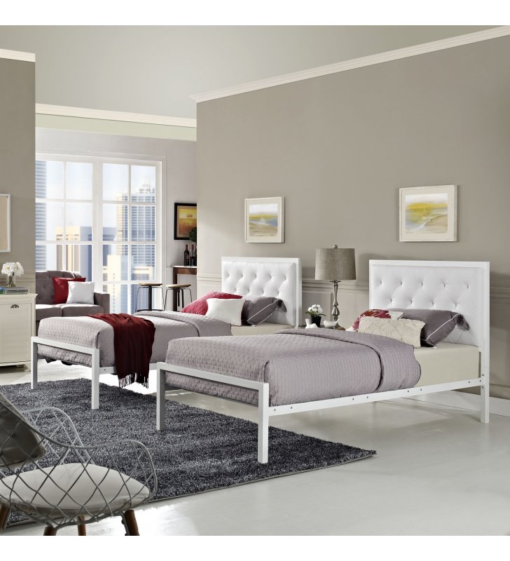 Mia Twin Vinyl Bed in White White - Lexmod
