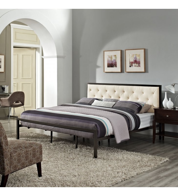 Mia King Fabric Bed in Brown Beige - Lexmod
