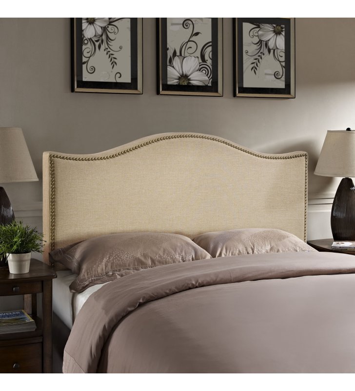 Curl Queen Nailhead Upholstered Headboard in Cafe - Lexmod