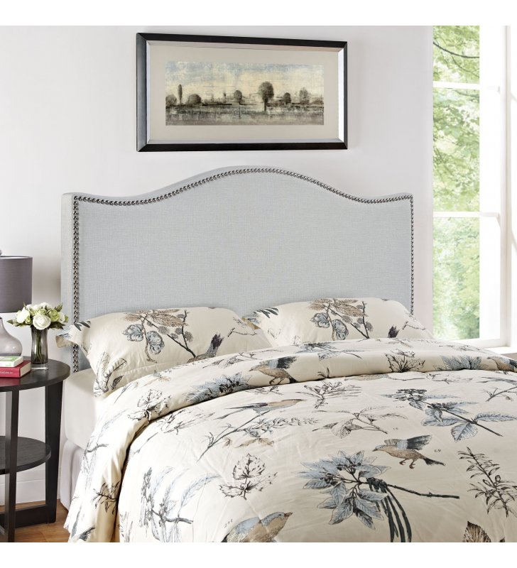 Curl Queen Nailhead Upholstered Headboard in Sky Gray - Lexmod