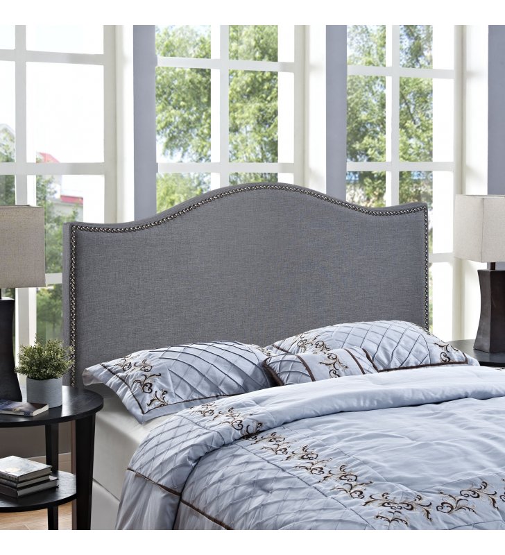 Curl Queen Nailhead Upholstered Headboard in Smoke - Lexmod