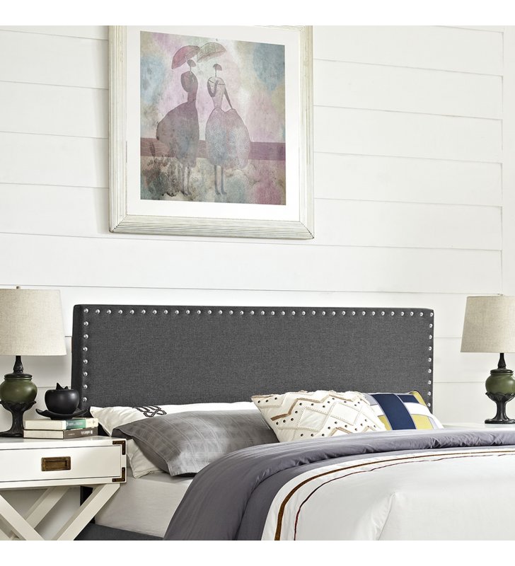Phoebe Queen Upholstered Fabric Headboard in Gray - Lexmod