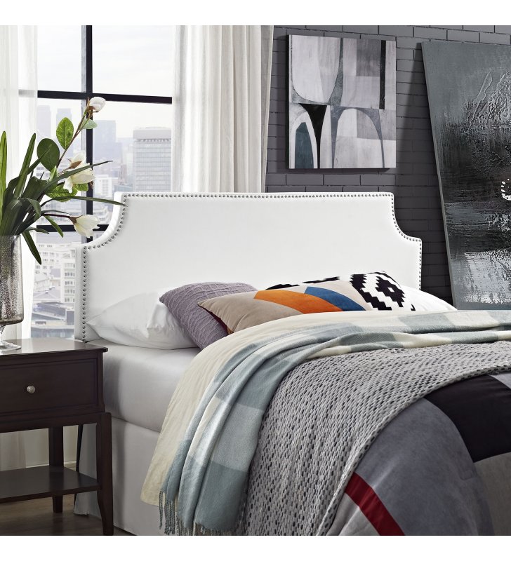 Laura Queen Upholstered Vinyl Headboard in White - Lexmod