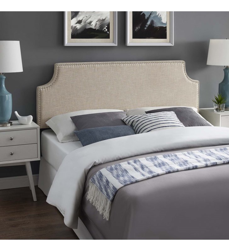 Laura Queen Upholstered Fabric Headboard in Beige - Lexmod
