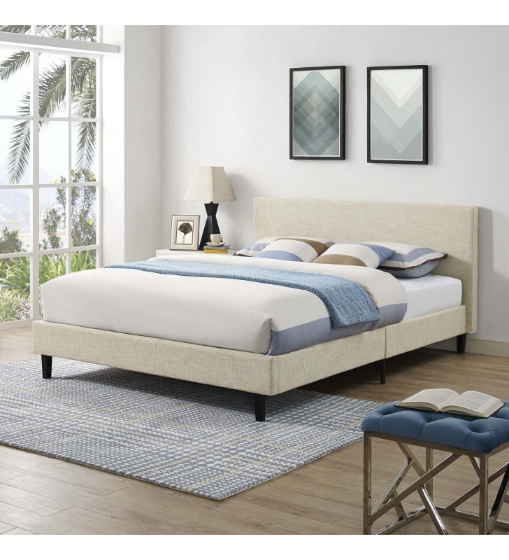 Anya Full Fabric Bed in Beige - Lexmod