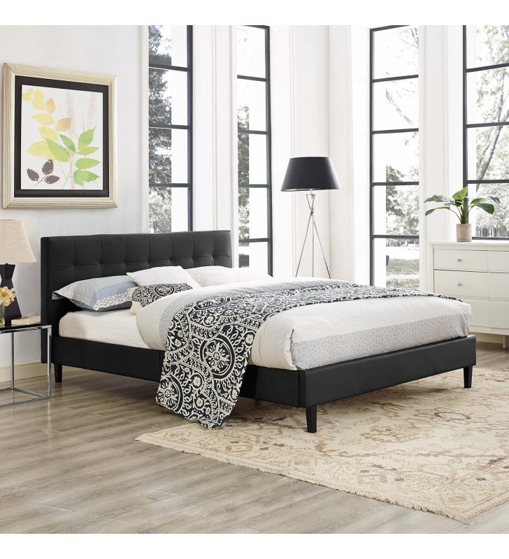 Linnea Full Faux Leather Bed in Black - Lexmod