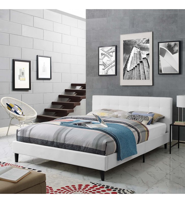 Linnea Full Faux Leather Bed in White - Lexmod