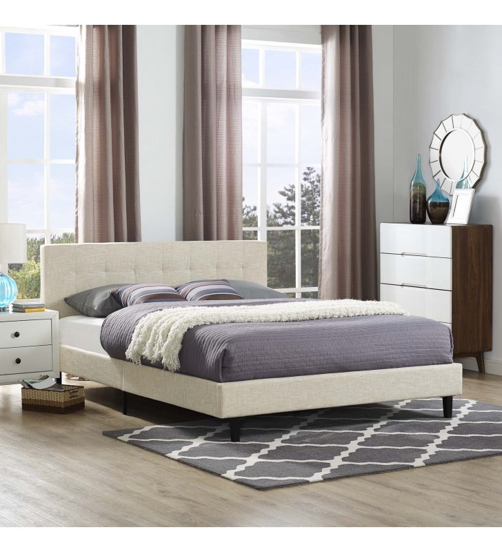 Linnea Queen Fabric Bed in Beige - Lexmod