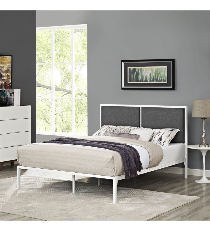 Della King Fabric Bed in White Gray - Lexmod