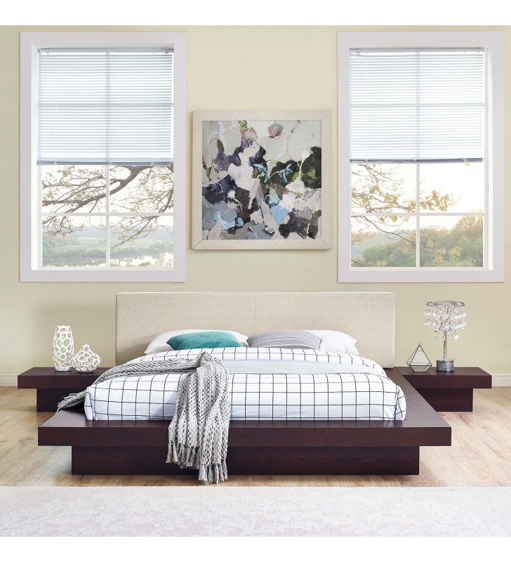 Freja 3 Piece Queen Fabric Bedroom Set in Cappuccino Beige - Lexmod