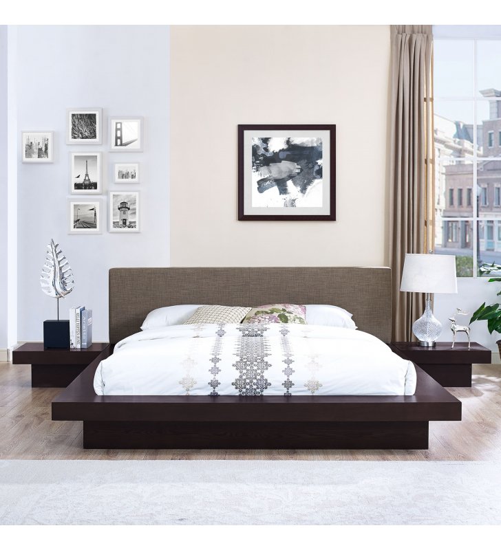 Freja 3 Piece Queen Fabric Bedroom Set in Cappuccino Brown - Lexmod