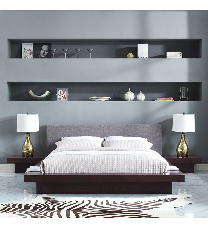 Freja 3 Piece Queen Fabric Bedroom Set in Cappuccino Gray - Lexmod