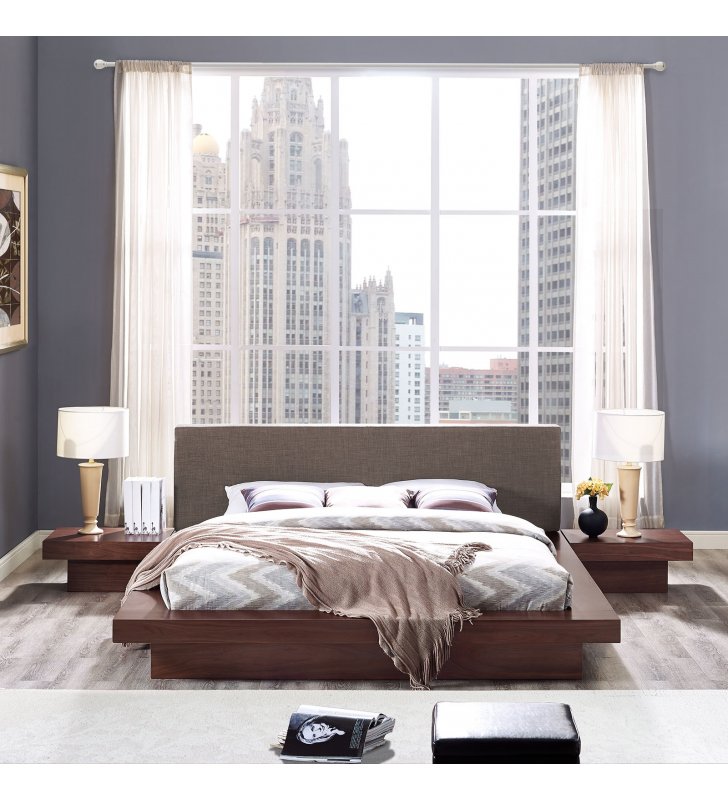 Freja 3 Piece Queen Fabric Bedroom Set in Walnut Brown - Lexmod