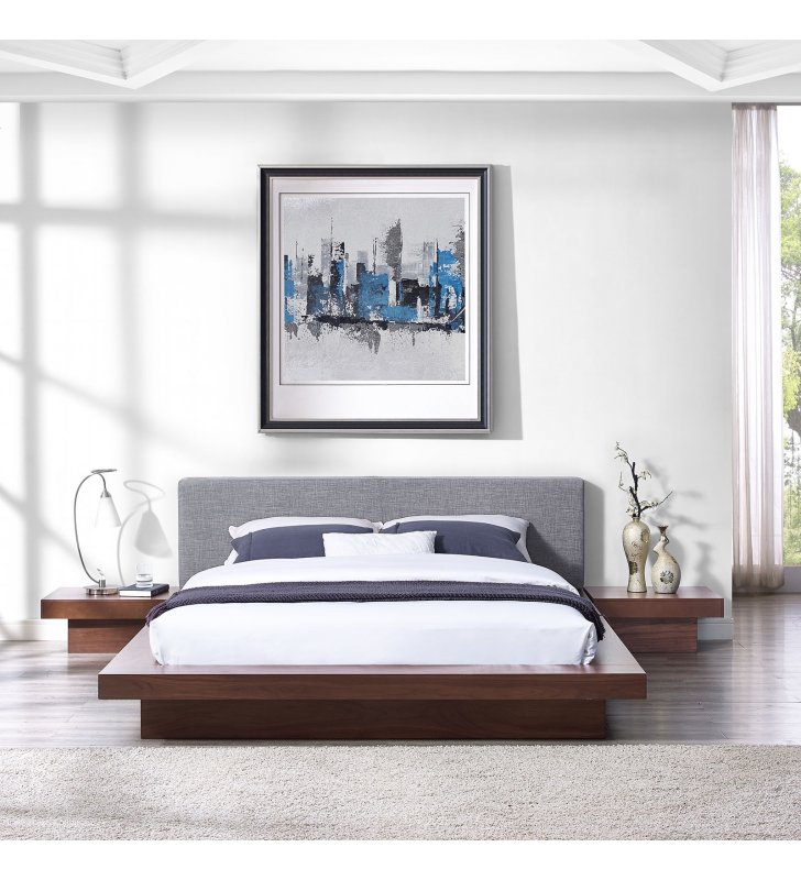 Freja 3 Piece Queen Fabric Bedroom Set in Walnut Gray - Lexmod