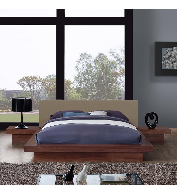 Freja 3 Piece Queen Fabric Bedroom Set in Walnut Latte - Lexmod
